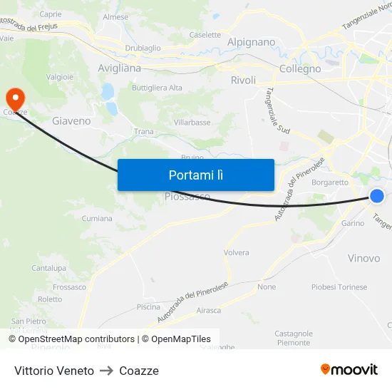 Vittorio Veneto to Coazze map