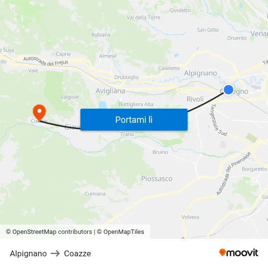 Alpignano to Coazze map