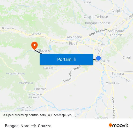 Bengasi Nord to Coazze map