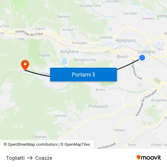 Togliatti to Coazze map