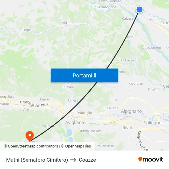 Mathi (Semaforo Cimitero) to Coazze map