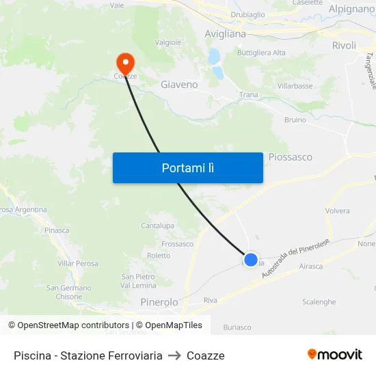 Piscina - Stazione Ferroviaria to Coazze map
