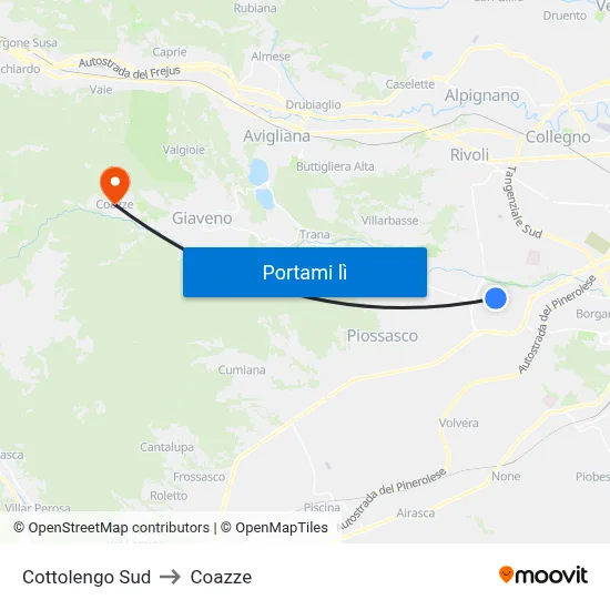 Cottolengo Sud to Coazze map