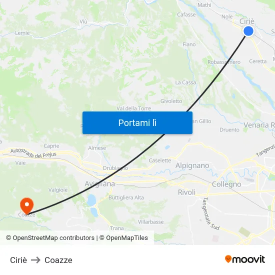 Ciriè to Coazze map