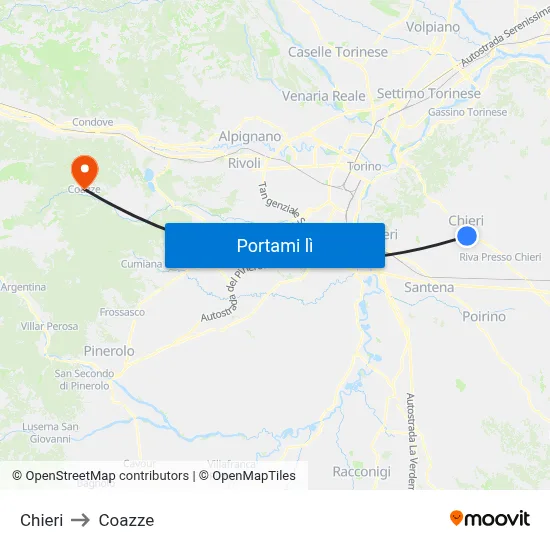 Chieri to Coazze map
