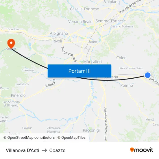 Villanova D'Asti to Coazze map