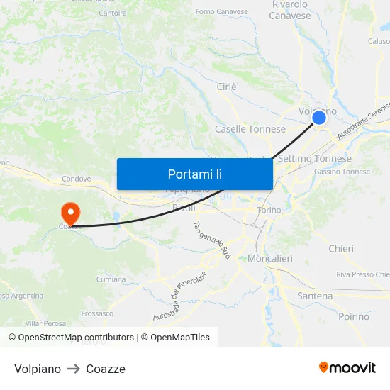 Volpiano to Coazze map