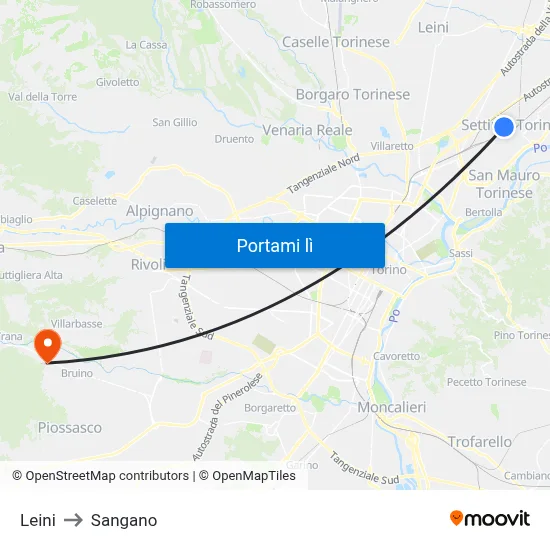 Leini to Sangano map