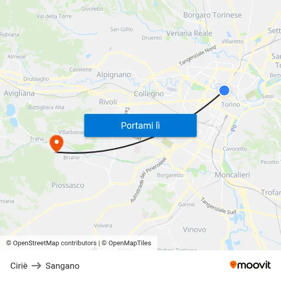Ciriè to Sangano map
