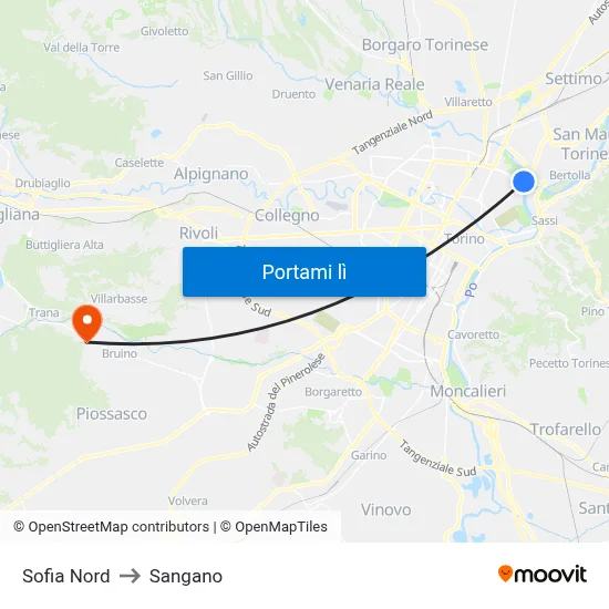 Sofia Nord to Sangano map