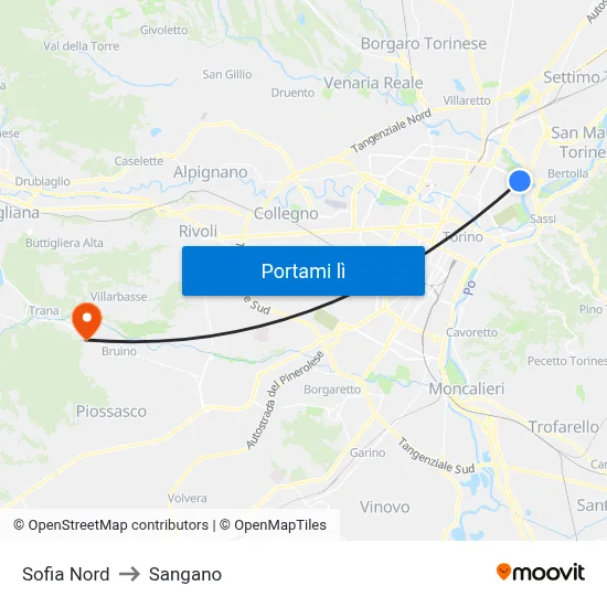 Sofia Nord to Sangano map
