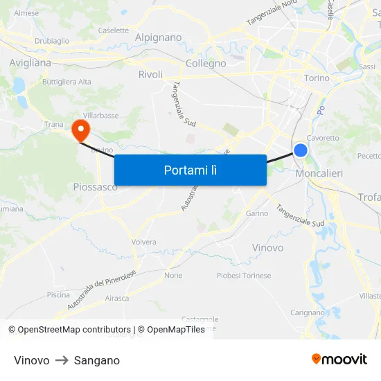 Vinovo to Sangano map