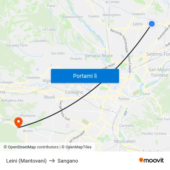 Leini (Mantovani) to Sangano map