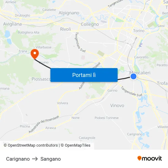 Carignano to Sangano map