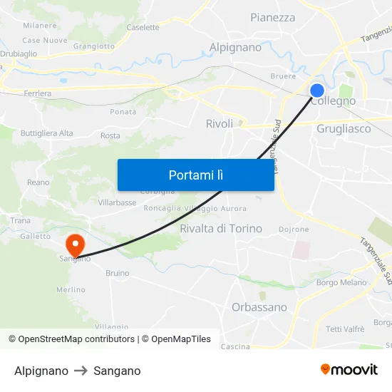 Alpignano to Sangano map