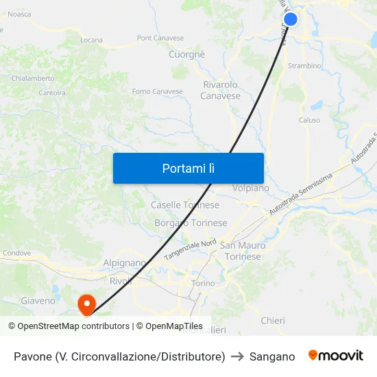 Pavone (V. Circonvallazione/Distributore) to Sangano map