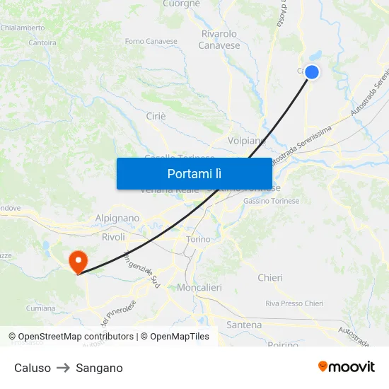 Caluso to Sangano map