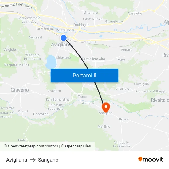 Avigliana to Sangano map