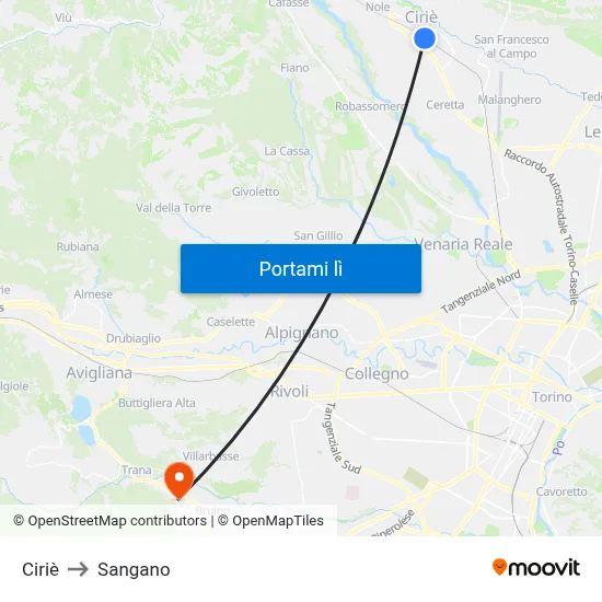 Ciriè to Sangano map