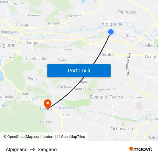 Alpignano to Sangano map