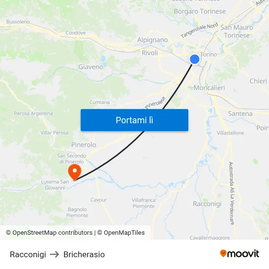 Racconigi to Bricherasio map