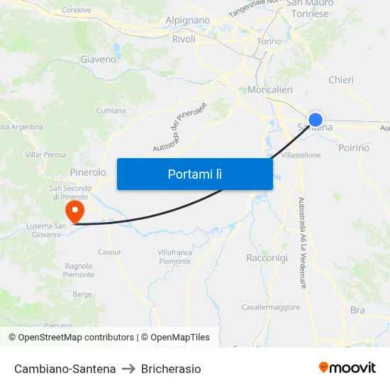 Cambiano-Santena to Bricherasio map