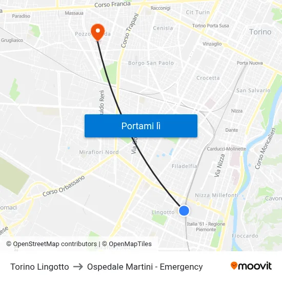 Torino Lingotto to Ospedale Martini - Emergency map