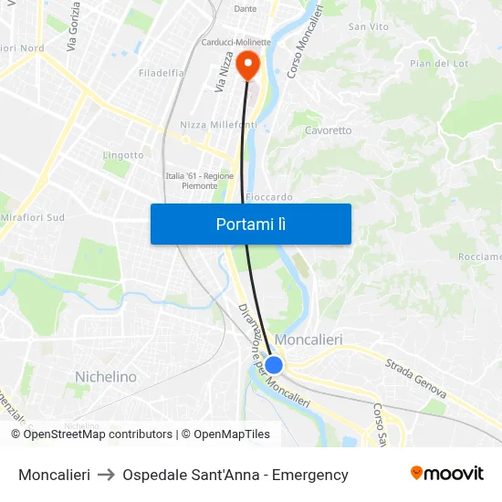 Moncalieri to Ospedale Sant'Anna - Emergency map