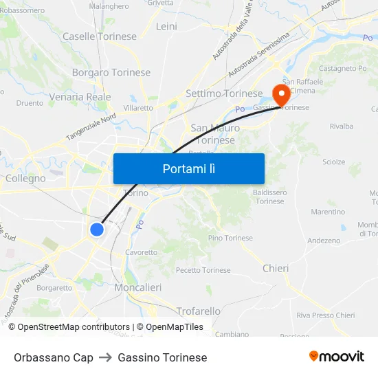 Orbassano Cap to Gassino Torinese map