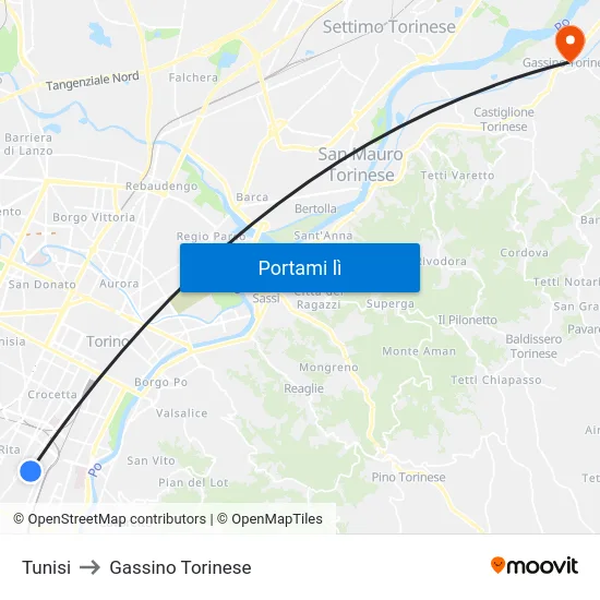 Tunisi to Gassino Torinese map