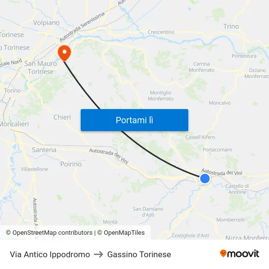 Via Antico Ippodromo to Gassino Torinese map