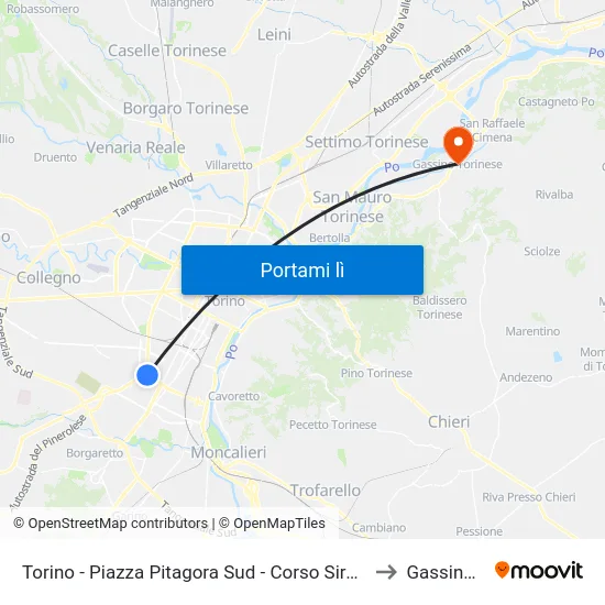 Torino - Piazza Pitagora Sud - Corso Siracusa - Via Don Bartolomeo Grazioli to Gassino Torinese map