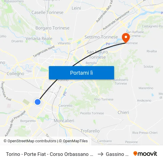 Torino - Porte Fiat - Corso Orbassano Angolo Piazza Cattaneo to Gassino Torinese map