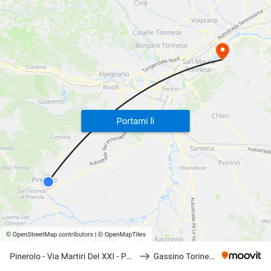 Pinerolo - Via Martiri Del XXI - Pmt to Gassino Torinese map