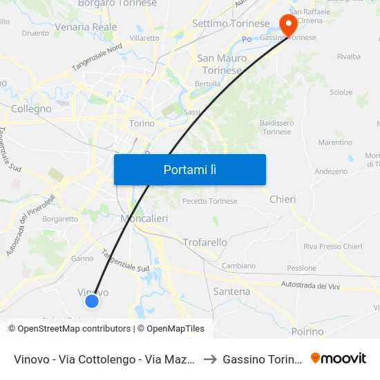Vinovo - Via Cottolengo - Via Mazzolari to Gassino Torinese map
