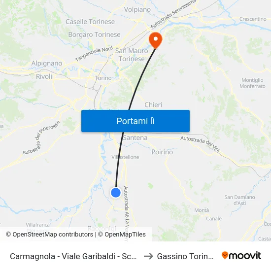 Carmagnola - Viale Garibaldi - Scuole to Gassino Torinese map