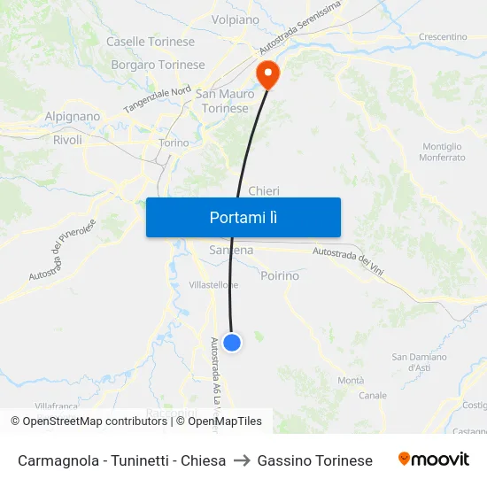 Carmagnola - Tuninetti - Chiesa to Gassino Torinese map