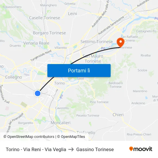 Torino - Via Reni - Via Veglia to Gassino Torinese map
