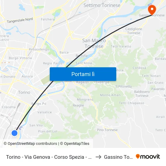 Torino - Via Genova - Corso Spezia - Piazza Bozzolo to Gassino Torinese map