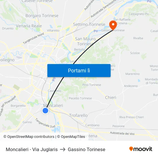Moncalieri - Via Juglaris to Gassino Torinese map