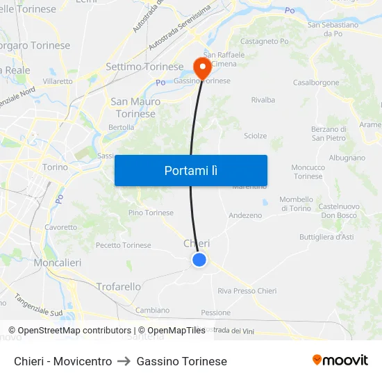 Chieri - Movicentro to Gassino Torinese map