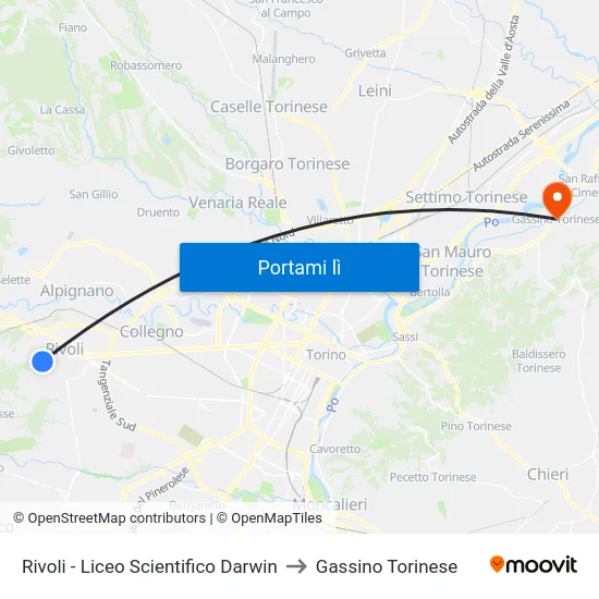 Rivoli - Liceo Scientifico Darwin to Gassino Torinese map