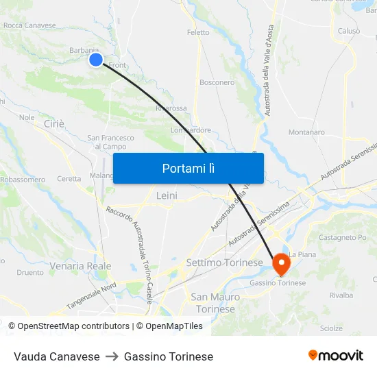 Vauda Canavese to Gassino Torinese map