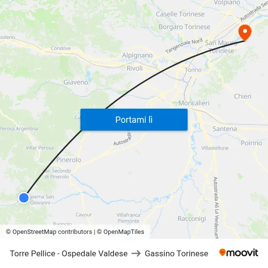 Torre Pellice - Ospedale Valdese to Gassino Torinese map