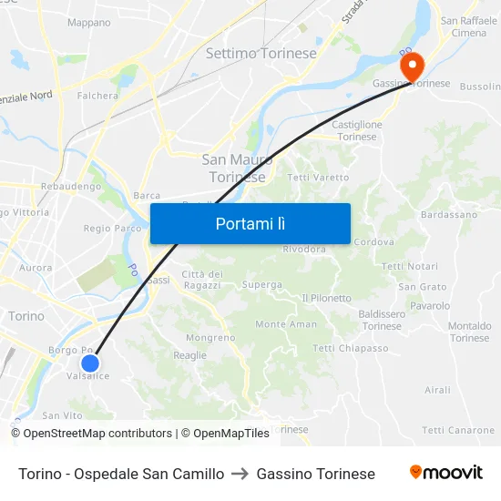Torino - Ospedale San Camillo to Gassino Torinese map