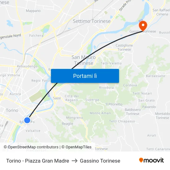 Torino - Piazza Gran Madre to Gassino Torinese map