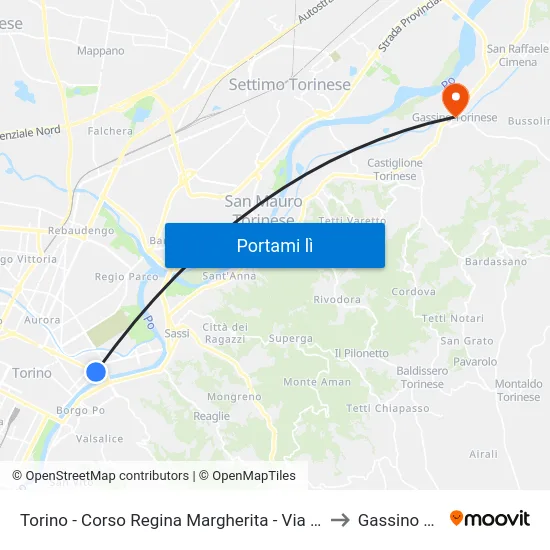 Torino - Corso Regina Margherita - Via Fontanesi - Via Napione to Gassino Torinese map
