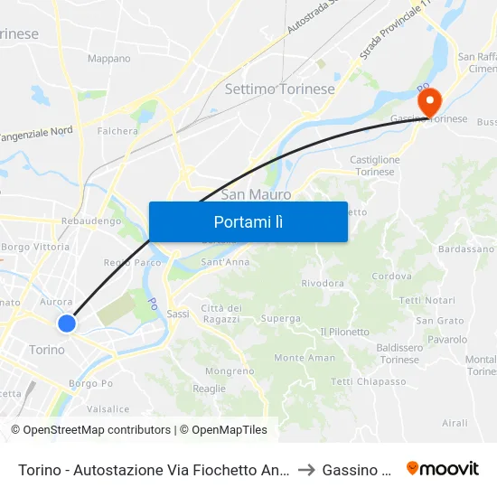 Torino - Autostazione Via Fiochetto Angolo Corso XI Febbraio to Gassino Torinese map