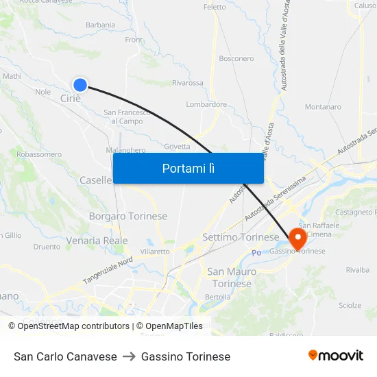 San Carlo Canavese to Gassino Torinese map