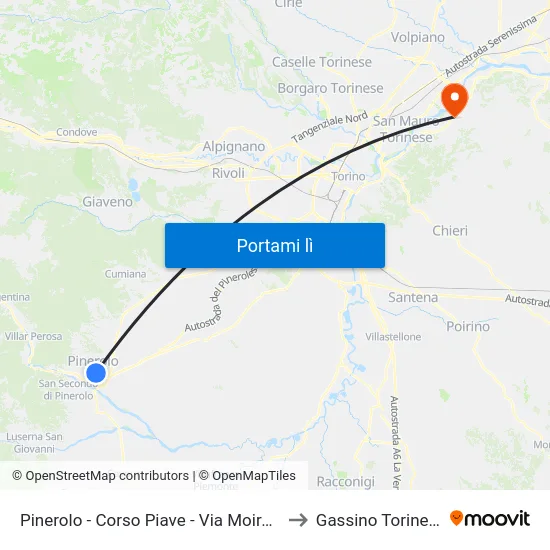 Pinerolo - Corso Piave - Via Moirano to Gassino Torinese map